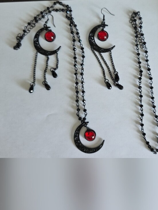 Jewelry - Black Crescent Moon Necklace and Earring Set with Red Gemstone